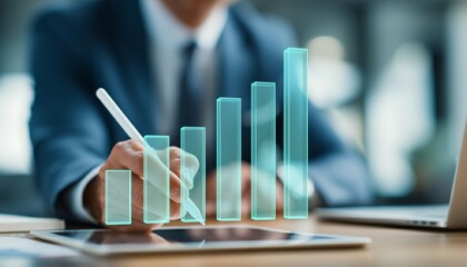 Close-up of a businessman's hand behind growing 3D hologram bar chart. Concept of financial success, market analysis, and economic growth technology in a corporate environment.