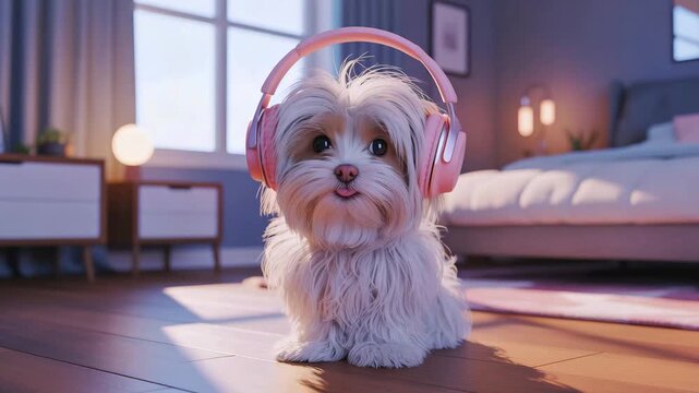 Fluffy Maltese Dog with Pastel Pink Headphones in Cozy Bedroom