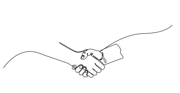 Animated self drawing of two businessmen shaking hands. Continuous one line drawing illustration vector, One line drawing of a handshake drawn with a single line, Business agreement vector concept