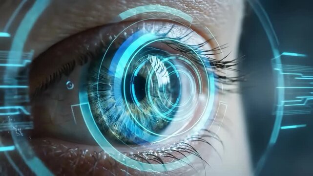 Futuristic eye iris biometric scan technology with blue holographic interface and cybernetic