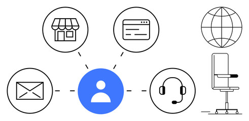 Customer service, multichannel communication, business communication, support systems, global connectivity, online interactions. Centralized user with connected icons for mail, store, headset web