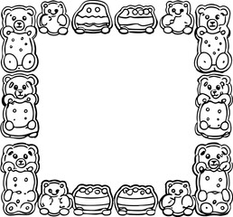 This illustration shows a cute square frame made of cartoon teddy bears and dessert treats, leaving an empty center space for text or artwork.