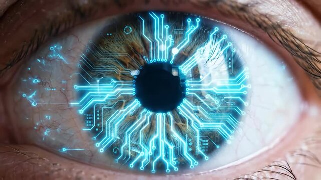 Futuristic human eye glowing circuit iris biometric pupil technology with brown and blue close up