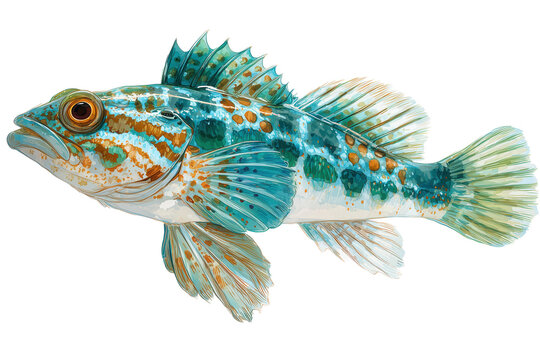 Turquoise Kelpfish Hand Drawn Watercolor Illustration