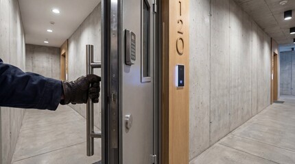 Gloved hand opening a secure metal door with a digital keypad. Modern apartment building corridor with concrete walls and access control system. Home security and burglary prevention concept
