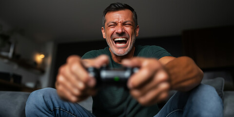 Adult man playing video games, screaming from excitement or frustration. Gripping controller with passion and focus