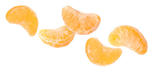 Tangerine segments falling on white background. Citrus fruit