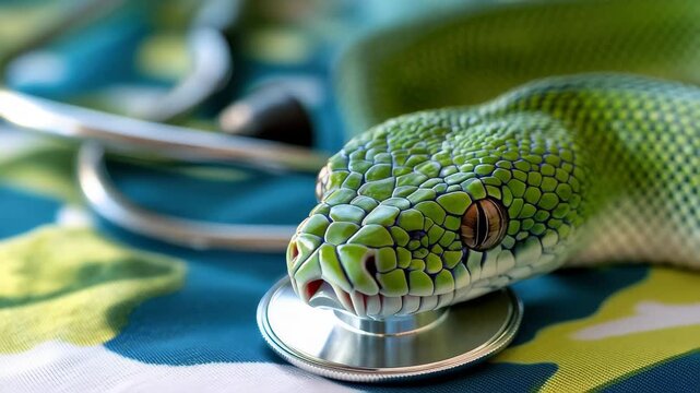 A vibrant green snake is coiled around a stethoscope positioned on colorful floral fabric. This unusual setup highlights the intersection of nature and veterinary care.