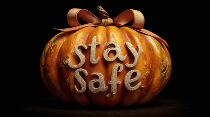 A pumpkin with Stay Safe written on it. The pumpkin has a bow on top, ready for the upcoming holiday season