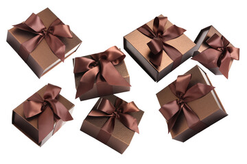 Gift boxes flying in air on white background