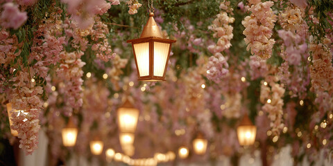 Overhead view of a walkway or ceiling adorned with delicate pink blooms and soft glowing lanterns, creating a romantic setting