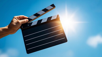 Hand holding an open clapperboard against a bright blue sky with sun flare. Depicting the start of a film project
