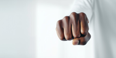 Black man's clenched fist symbolizing power, strength, and tension. Expressing concepts of conflict, assertiveness, and protest
