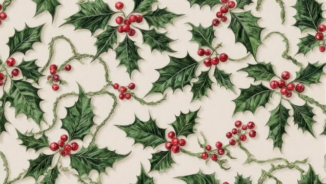 Pattern of Christmas holly with red berries and green leaves on a cream background - Powered by Adobe