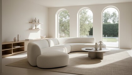 A modern living room with a curved white sofa, a round coffee table, and large arched windows allowing natural light. Cloud dancer color