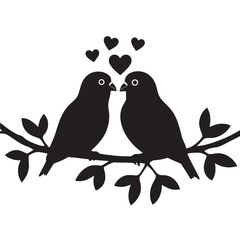 Black silhouette of two birds on a branch with hearts, love and Valentines Day symbol, flat vector icon