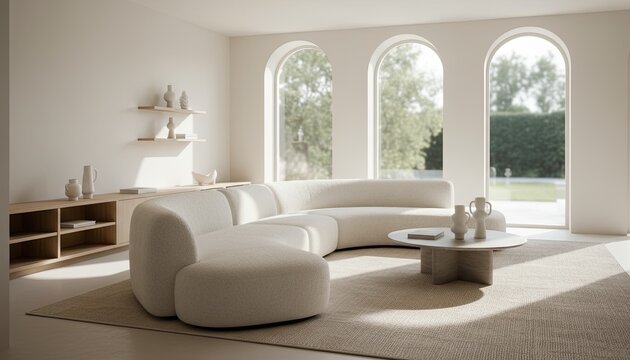 A modern living room with a curved white sofa, a round coffee table, and large arched windows allowing natural light. Cloud dancer color
