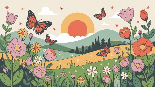 Retro Flower Power Meadow Landscape with Butterflies