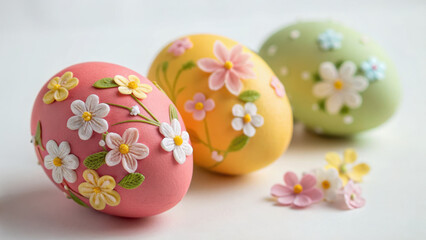 Fototapeta premium Easter ethereal pastel visual. Colorful Easter eggs with delicate floral designs on white background
