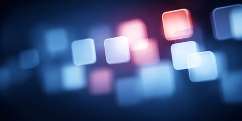 Digital environment featuring softly lit, floating square elements with a prominent red focus, representing data or network