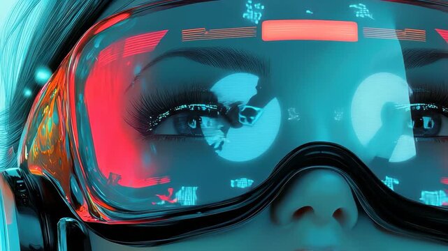 A woman engages with advanced virtual reality goggles, immersed in a colorful digital landscape. Bright lights and reflections enhance her focused expression as she explores new dimensions.