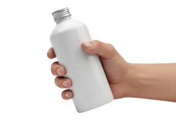 White bottle held in hand isolated on transparent background