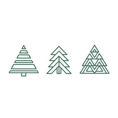 Fototapeta premium Minimalist Scandinavian Christmas tree geometric line art set in dark green colors for modern holiday icons with copy space