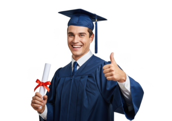 Joyful young man in graduation cap and gown celebrates achievement holding diploma and giving thumbs up against black background