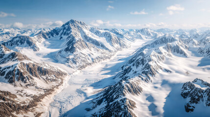 Alaskan Peaks, aerial view of rugged mountains and glaciers in AAlaskan wilderness, a vast winter landscape