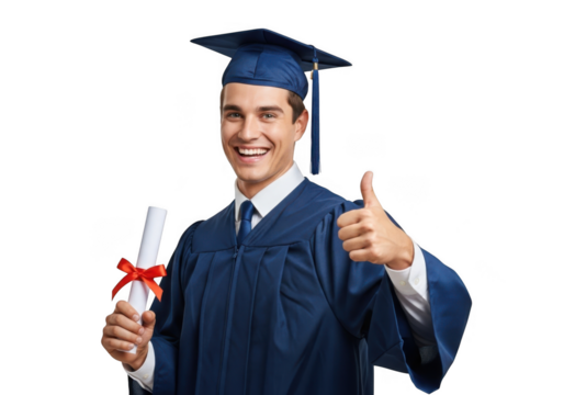Joyful young man in graduation cap and gown celebrates achievement holding diploma and giving thumbs up against black background - Powered by Adobe