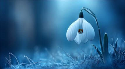 Snowdrop flower gently blooming, overcoming cold ice and frost, signaling spring's arrival and new beginnings
