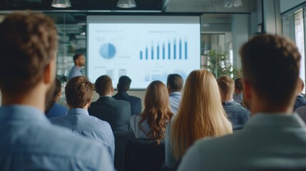 A team of professionals seated together, focused on a business presentation in a conference room, business concept