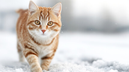 Ginger cat walking through a snowy landscape, front of body facing viewer, fur showing light dusting of snow