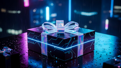 Cyberpunk mystery box for gamer reward. Modern technology gift concept with neon electronic traces and iridescent bow.