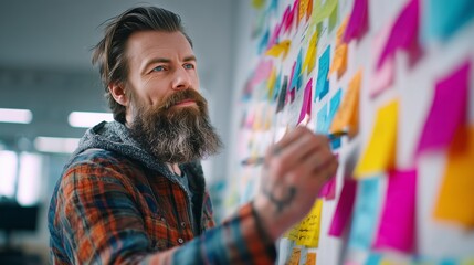 Concentrated bearded man arranging colorful sticky notes on a wall