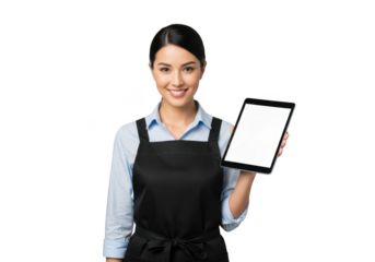 Smiling young woman wearing an apron holds a tablet computer with a blank screen against a black background ready to assist