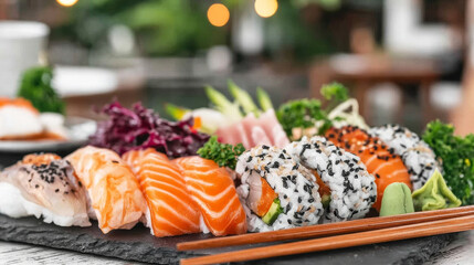 Assorted sushi and sashimi platter with maki rolls and salmon nigiri on a slate plate, Japanese cuisine