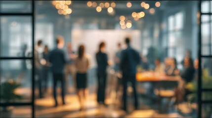 Blurred networking event through window