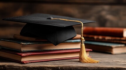Black mortarboard with golden tassel rests on a pile of colorful vintage books on wooden surface