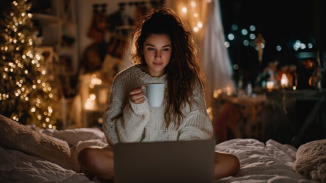Woman working on laptop in a cozy room with christmas lights - Powered by Adobe