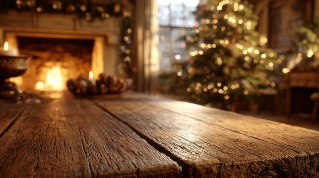 Rustic wooden table foreground with glowing fireplace and twinkling Christmas tree lights in cozy background