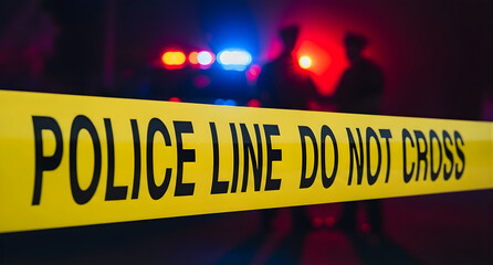 Police line do not cross with blurred lights in background