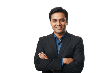 Confident indian businessman in a black suit with arms crossed and a friendly smile against a solid black background
