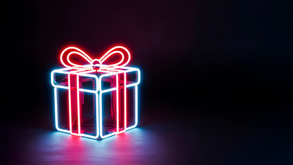 Glowing digital gift box concept. Technology holiday sale background for Cyber Monday with copy space.