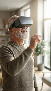 Senior man wearing virtual reality headset vr exploring immersive living room smiling and reaching