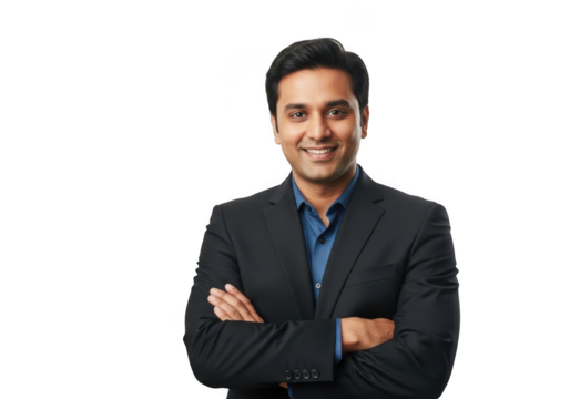 Confident indian businessman in a black suit with arms crossed and a friendly smile against a solid black background - Powered by Adobe