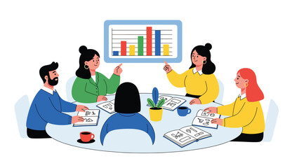 Flat modern vector of a diverse team discussing a horizontal bar chart. Ideal for teamwork, collaboration, planning meetings, and office training materials