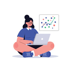 Flat vector of a female analyst sitting with a laptop and floating scatter plot. Ideal for research, analytics dashboards, and data science visuals