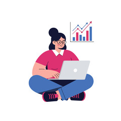 Flat vector of a female analyst sitting with a laptop and floating scatter plot. Ideal for research, analytics dashboards, and data science visuals