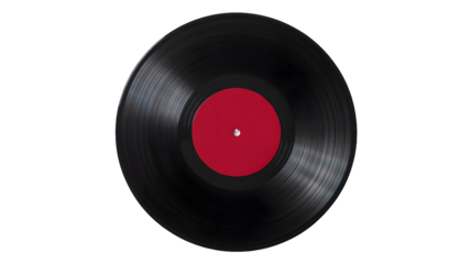 Classic black vinyl record with a vibrant red label and a central hole isolated on transparent background